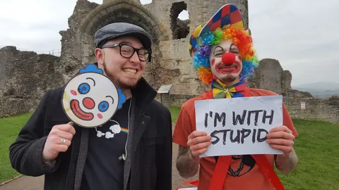 Isaac and Andy clowning around at Denbigh Castle, 2019.